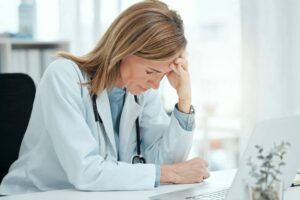 Healthcare, mature cardiologist and anxiety in practice for misdiagnosis, patient loss or tension in career